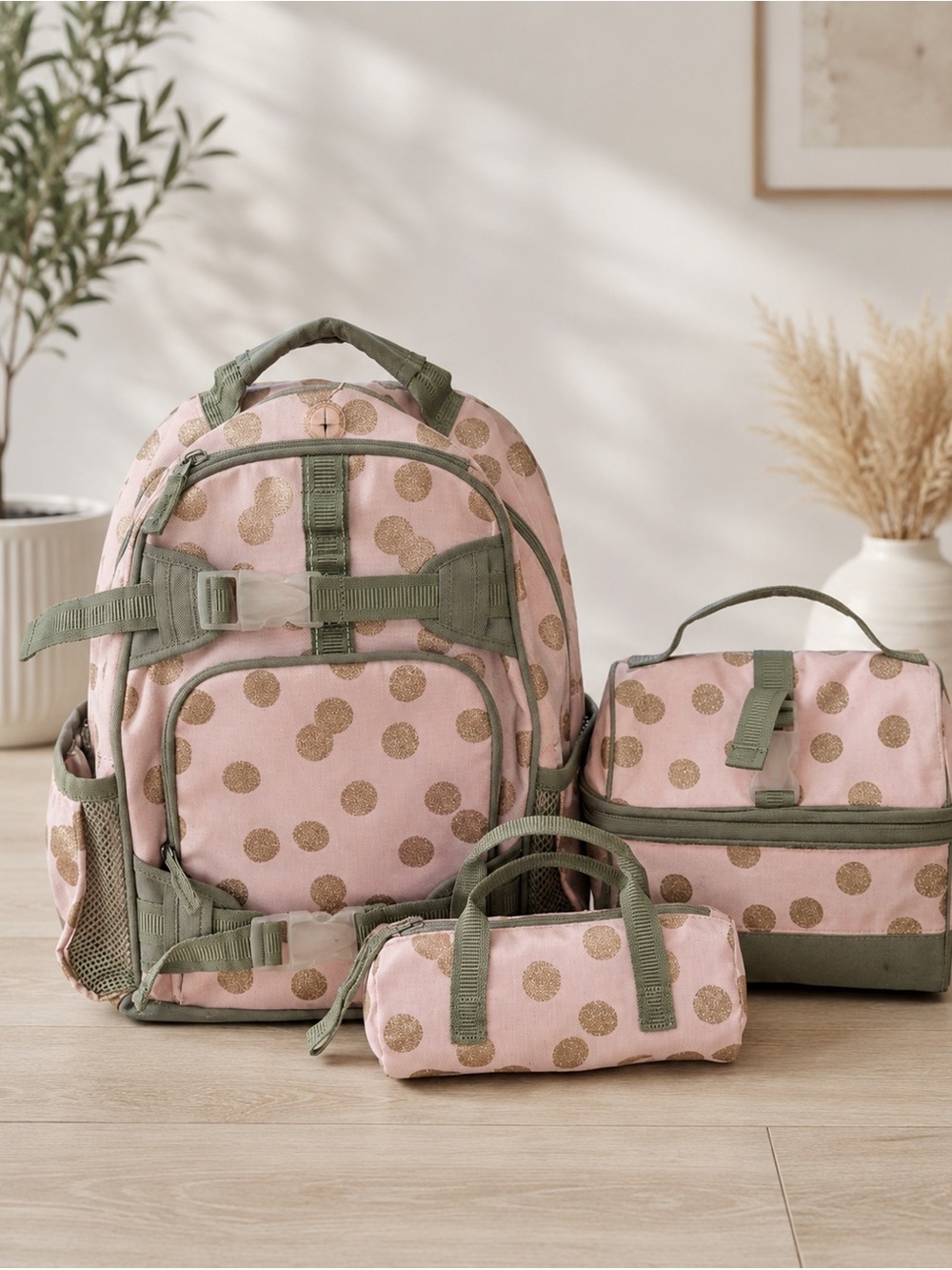 Pottery Barn Kids Pink Backpack Set with Gold Polka Dots and Olive Trim